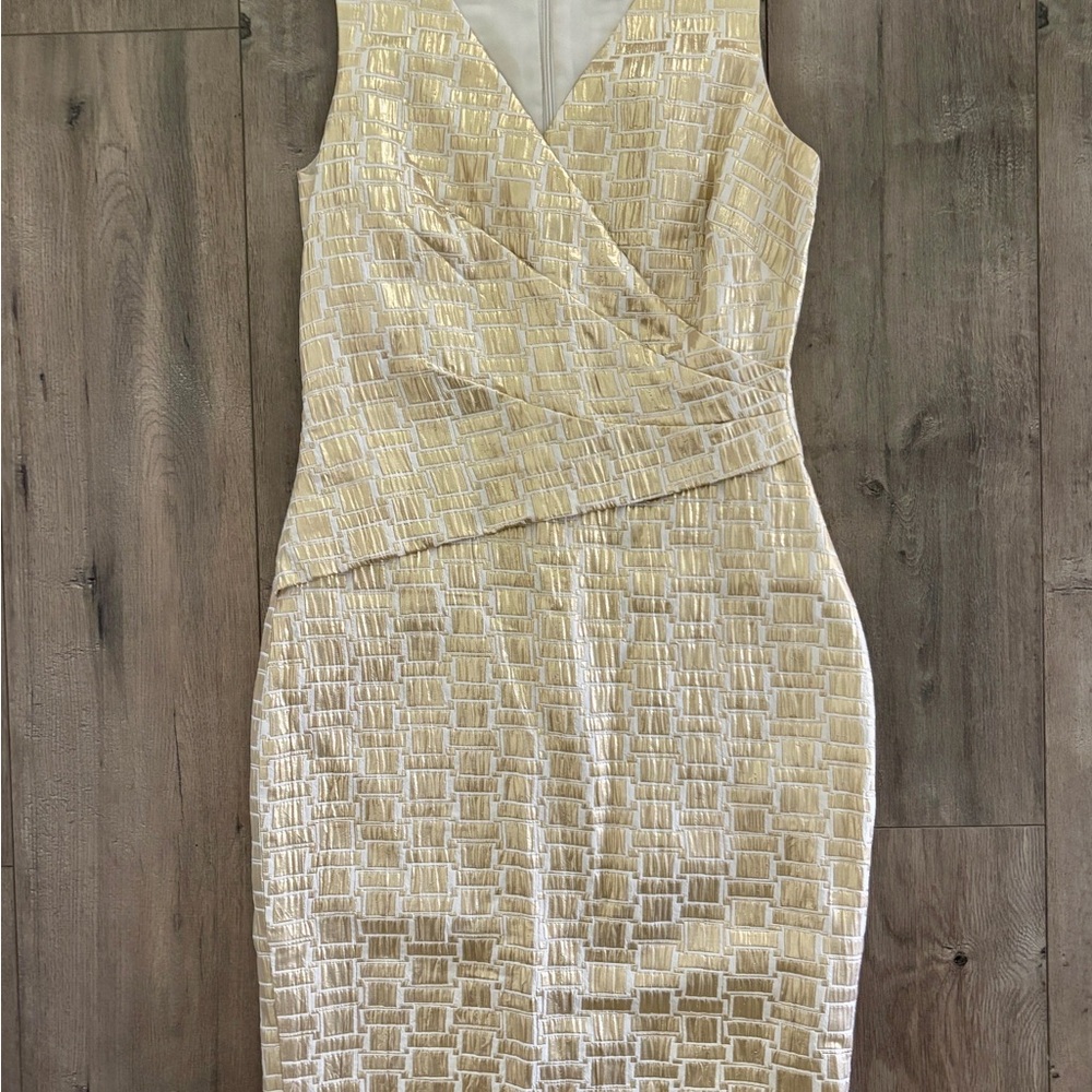 Lauren Ralph Lauren metallic gold geometric sheath dress.